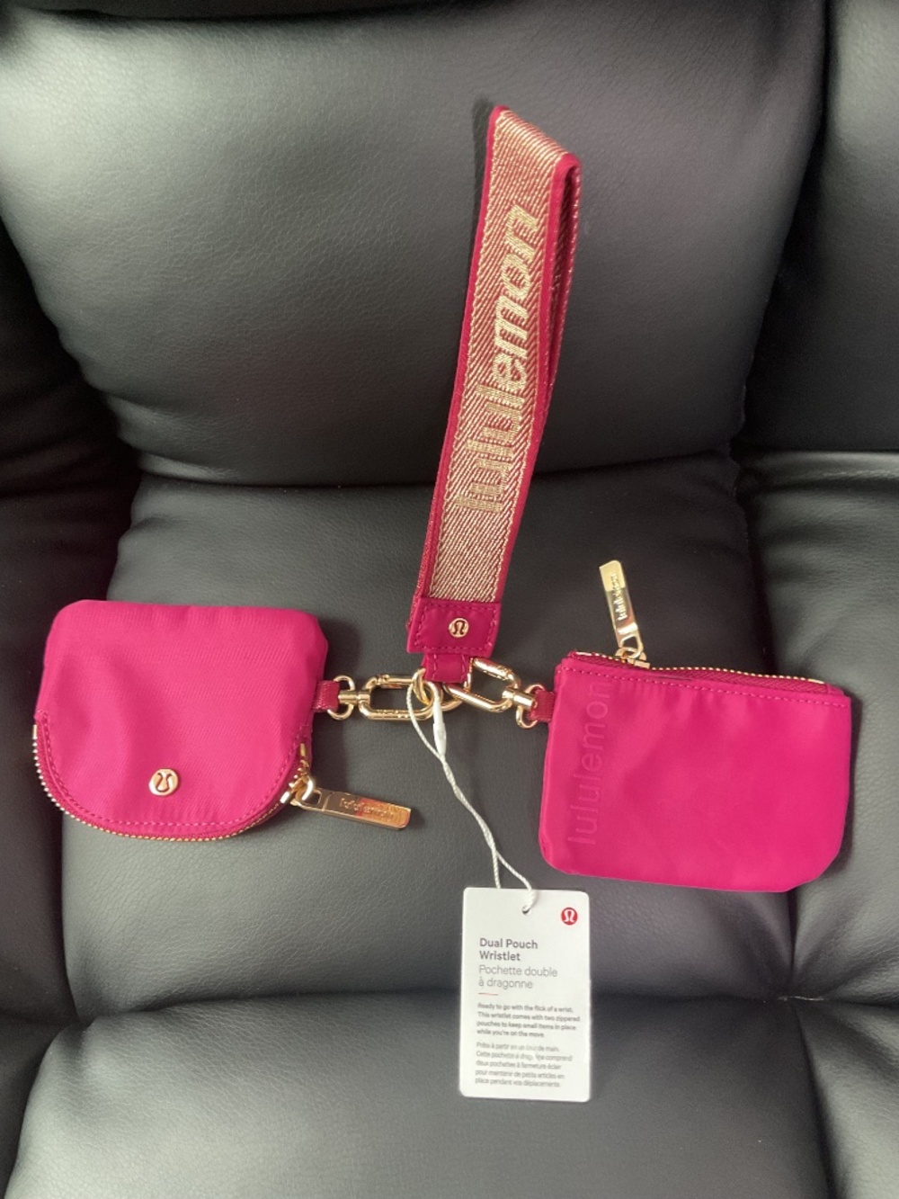 Lululemon Dual Pouch Wristlet Metallic Wordmark Berry Rumble Pink Gold NWT - Picture 2 of 2